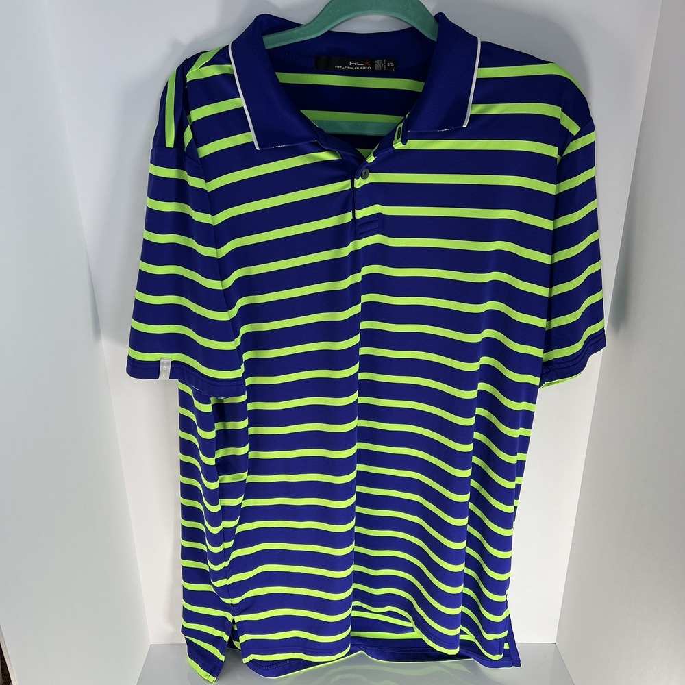 RLX Ralph Lauren Shirt Men's Extra Large Blue Neon Green Striped Golf Polo EUC